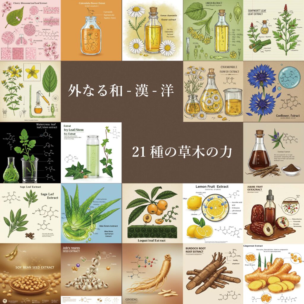 「草木とミライの21種の植物エキス一覧。和・漢・洋それぞれの植物が調和し、自然の力を象徴するボタニカルデザイン。」
