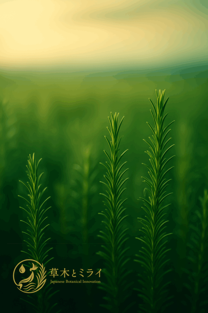 草木とミライ ― 物語の背表紙。深い緑の草原が静かに風に揺れ、光が地平線から差し込む。自然と調和する哲学を象徴する静謐なデザイン。