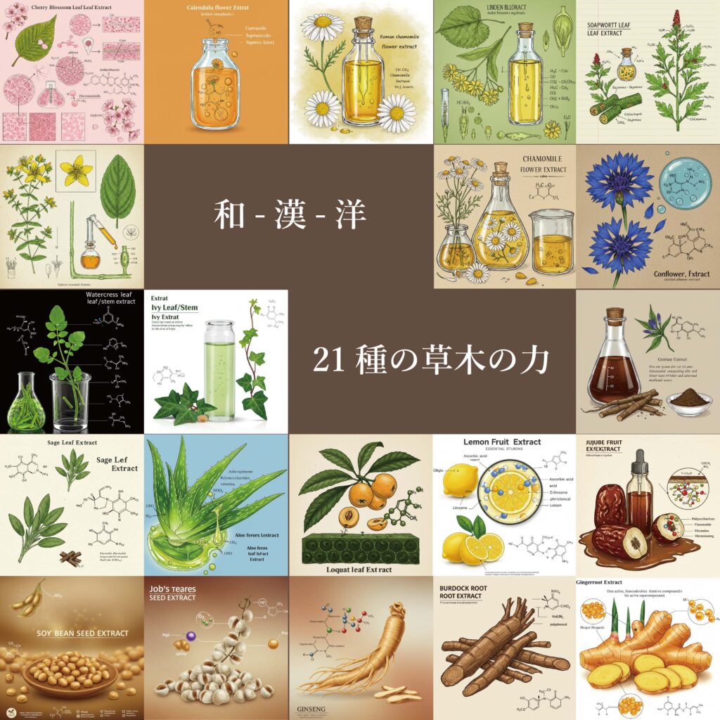 「草木とミライの21種の植物エキス一覧。和・漢・洋それぞれの植物が調和し、自然の力を象徴するボタニカルデザイン。」