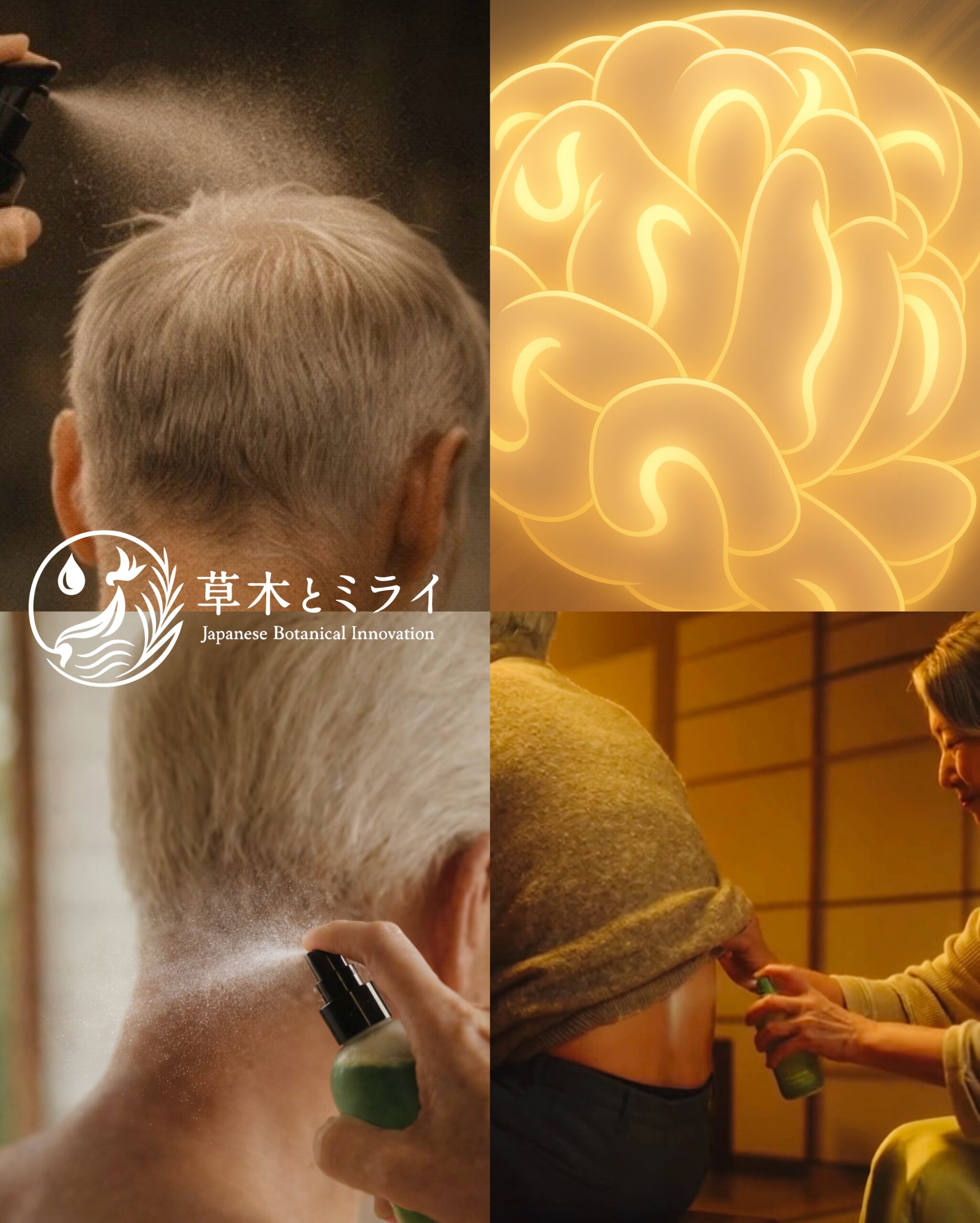 後頭部とうなじに天然植物トニックをスプレーするシニア男性と、腰に使用するシーン。全身の巡りを整える草木とミライのボタニカルケアを表現。