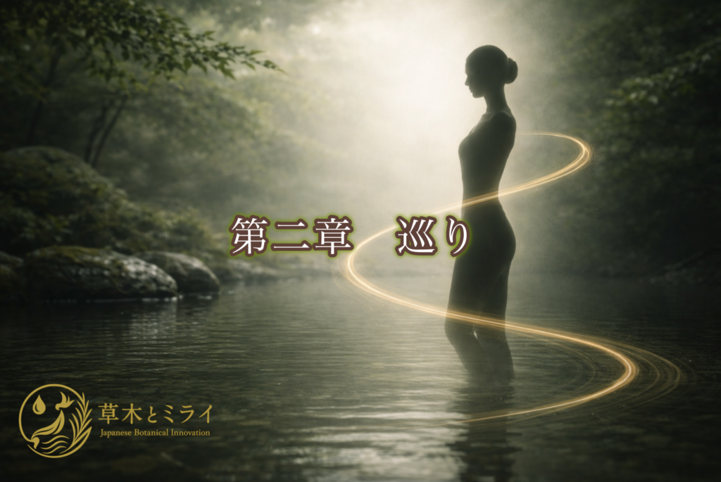 深緑の森の中、水辺に立つ人物の身体を金色の光の巡りが包み込む象徴的なビジュアル。