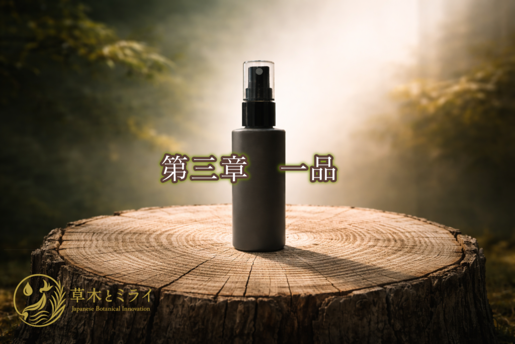 深緑の森の中、切り株の上に立つ深緑のボタニカルスプレーボトル。背後から柔らかな光が差し込む象徴的なプロダクトビジュアル。