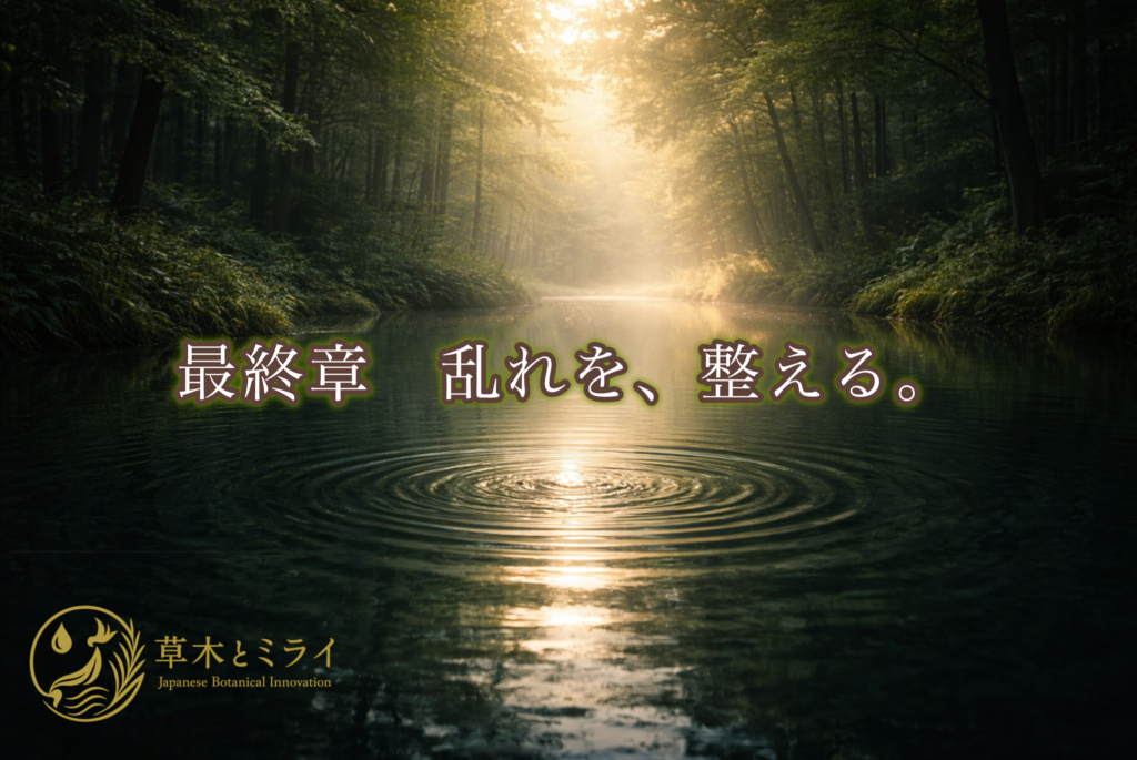 暗い水面に差し込む一筋の光。その光が静かな水面を照らし、「乱れを、整える。」という思想を象徴するビジュアル。