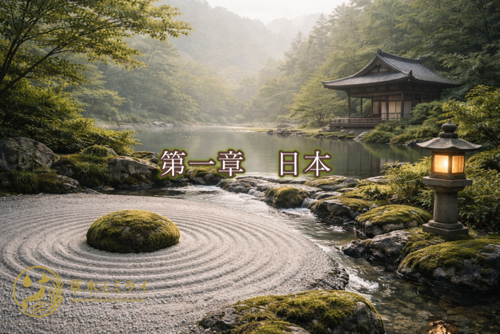 深緑の庭に置かれた石と水紋。静かな巡りと整いを象徴する和の風景。