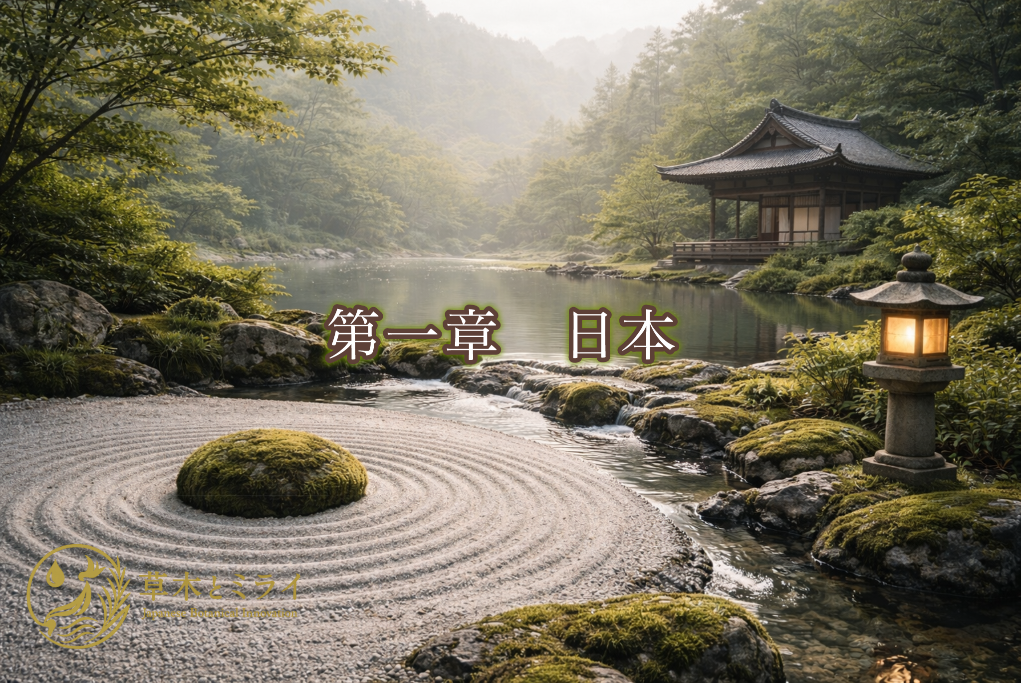 深緑の庭に置かれた石と水紋。静かな巡りと整いを象徴する和の風景。