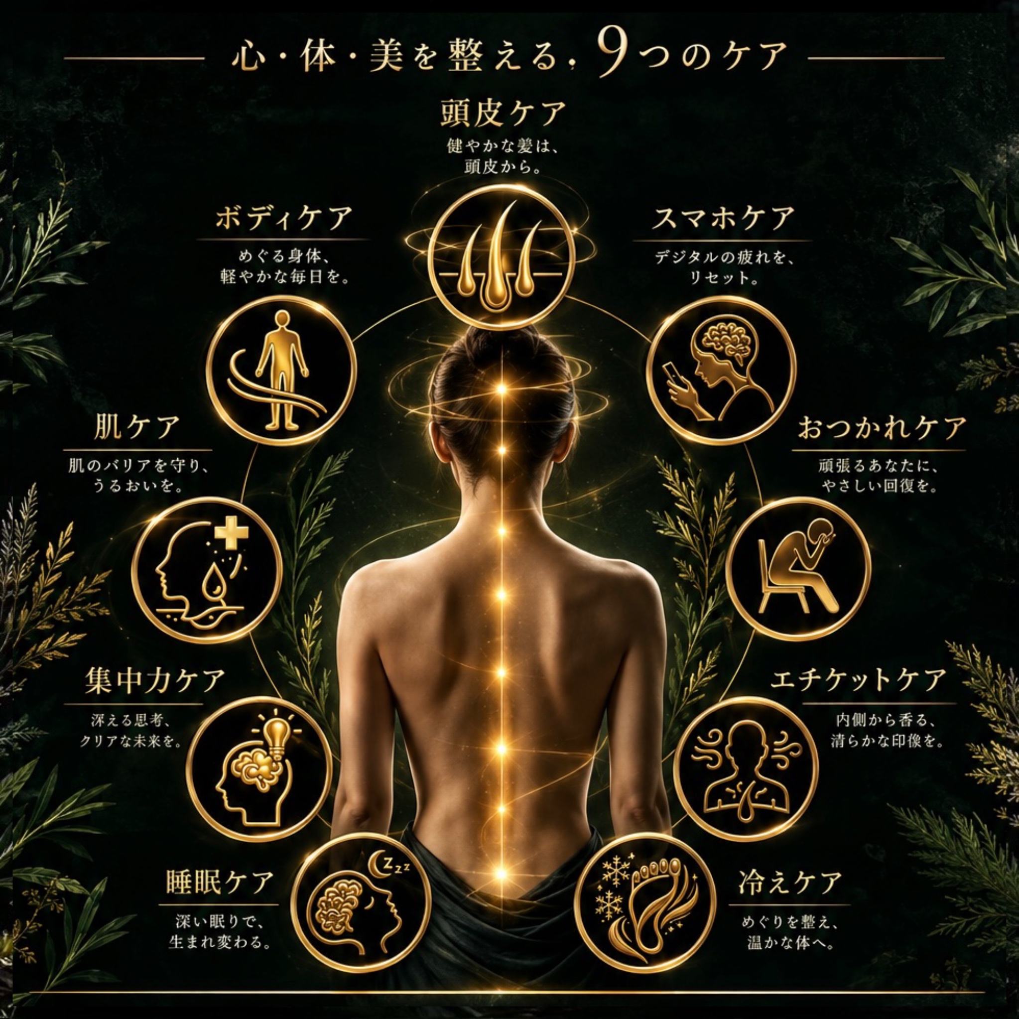 全身用ボタニカルトニックのケア範囲を示す画像。中央に人物の背中、周囲に「頭皮ケア」「ボディケア」「スマホケア」「お疲れケア」「エチケットケア」「冷えケア」「睡眠ケア」「集中力ケア」「肌ケア」のアイコンが配置されています。